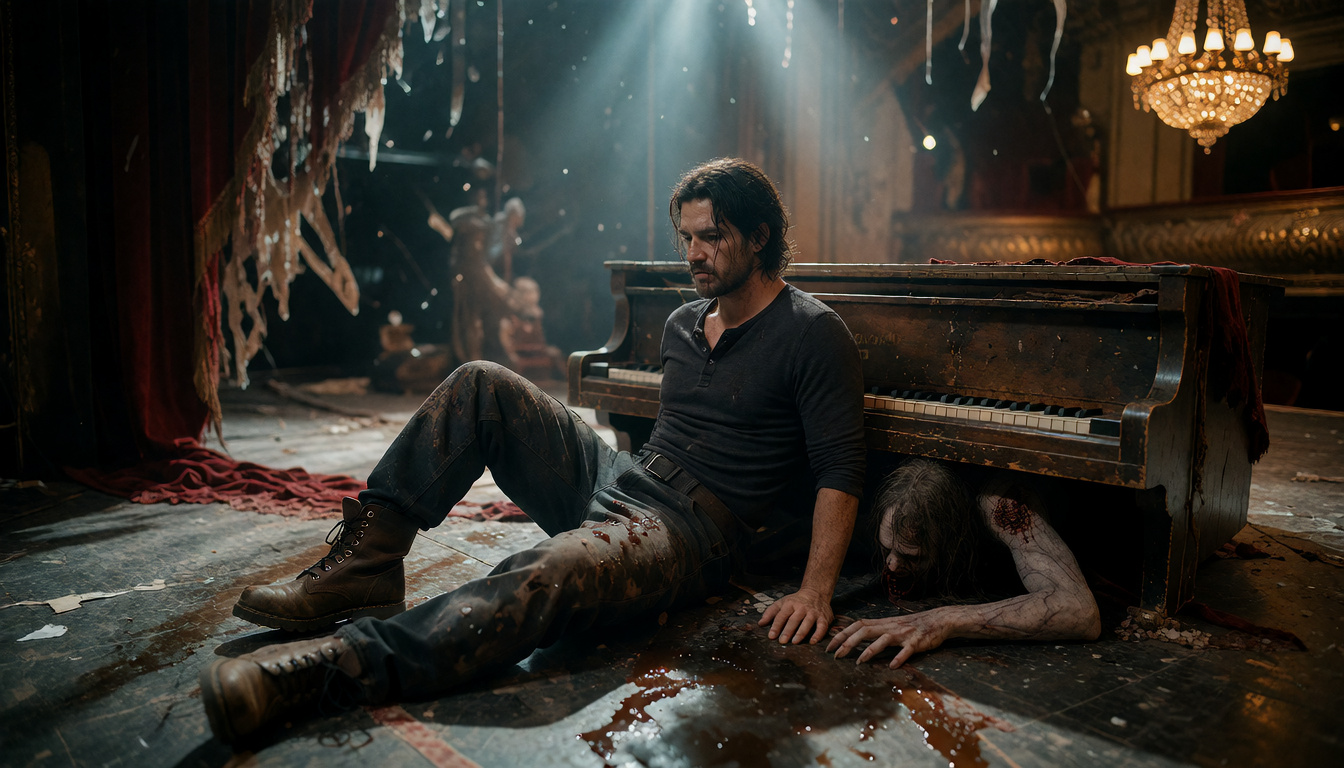 Rook beside a broken piano in a ruined opera house, with a creature underneath.