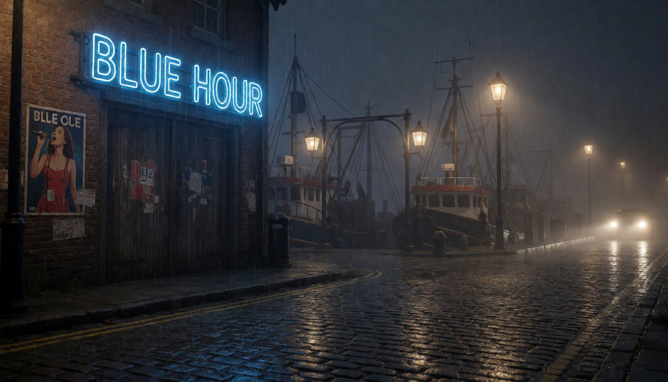 The Blue Hour's neon sign glows over a foggy waterfront street.