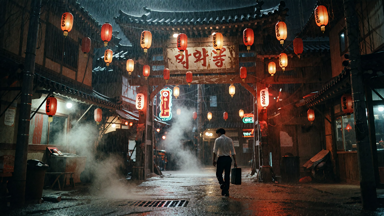 A stranger beneath red lanterns in a rain-soaked Korean alley.
