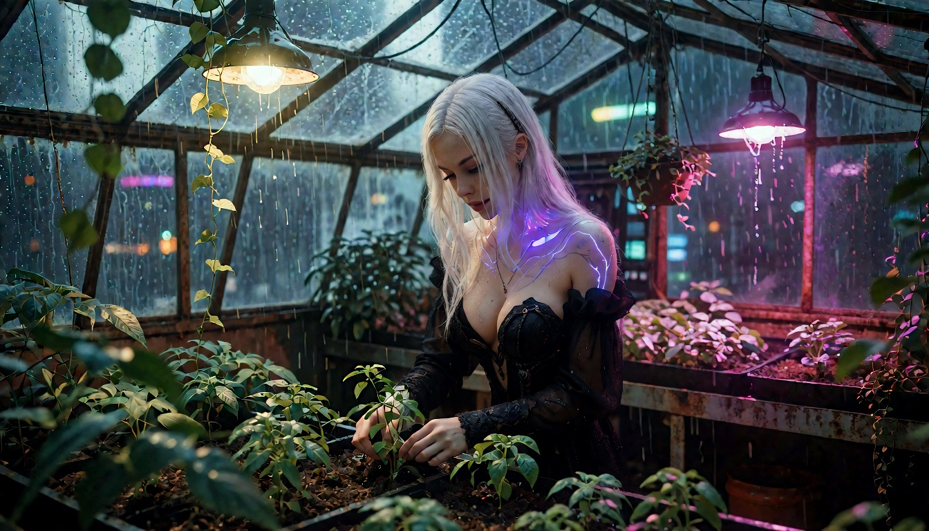Silver hair and violet neon in a rooftop greenhouse.