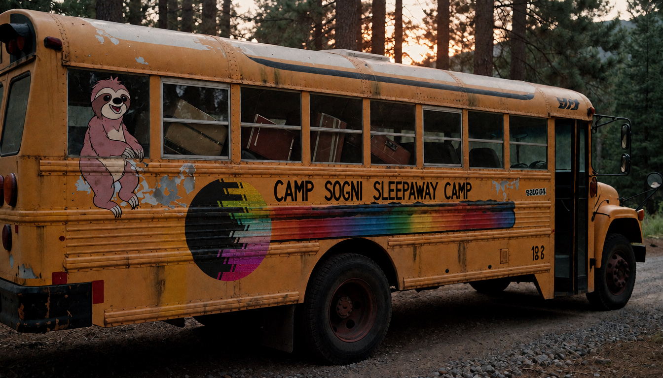 Camp Sogni's yellow bus waits among the pines at sunset.